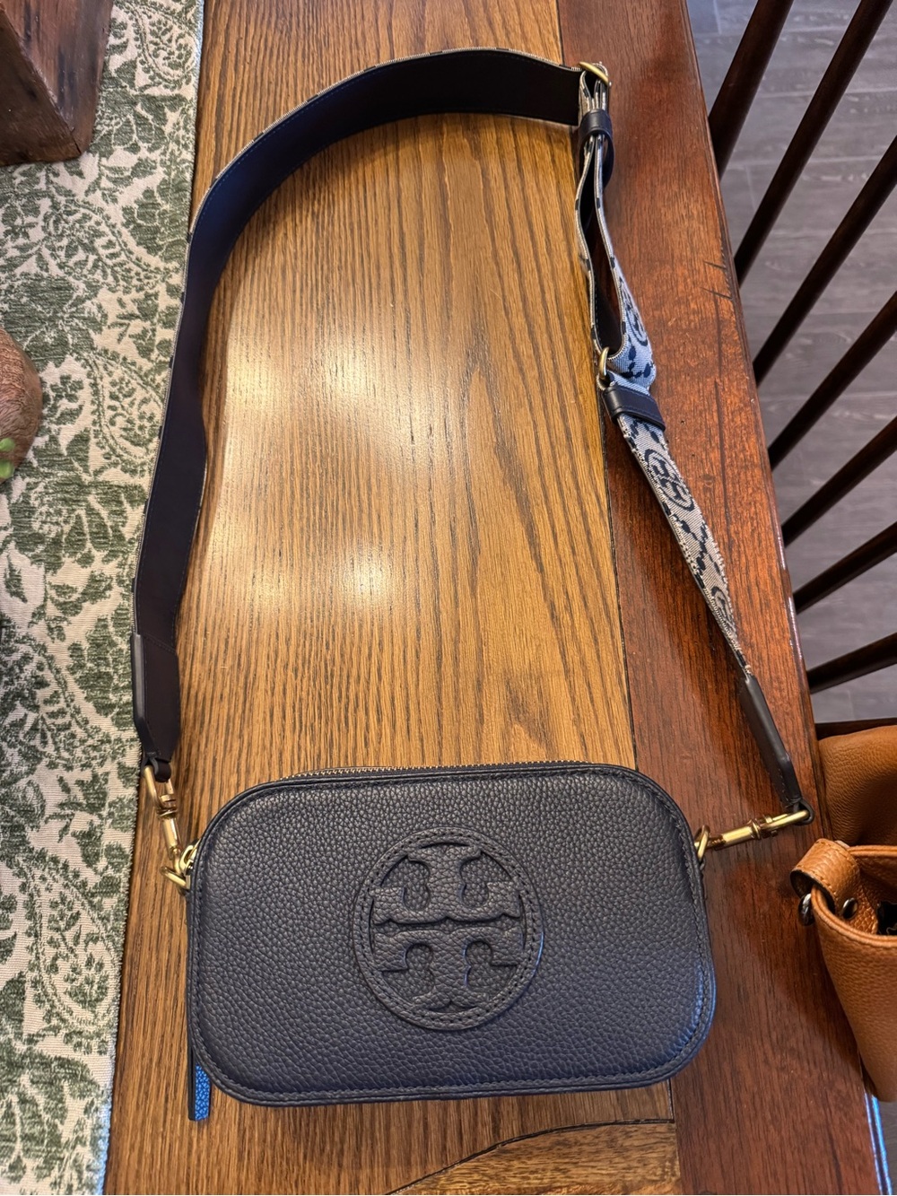 Tory Burch Navy Pebbled Leather Crossbody with Patterned Strap